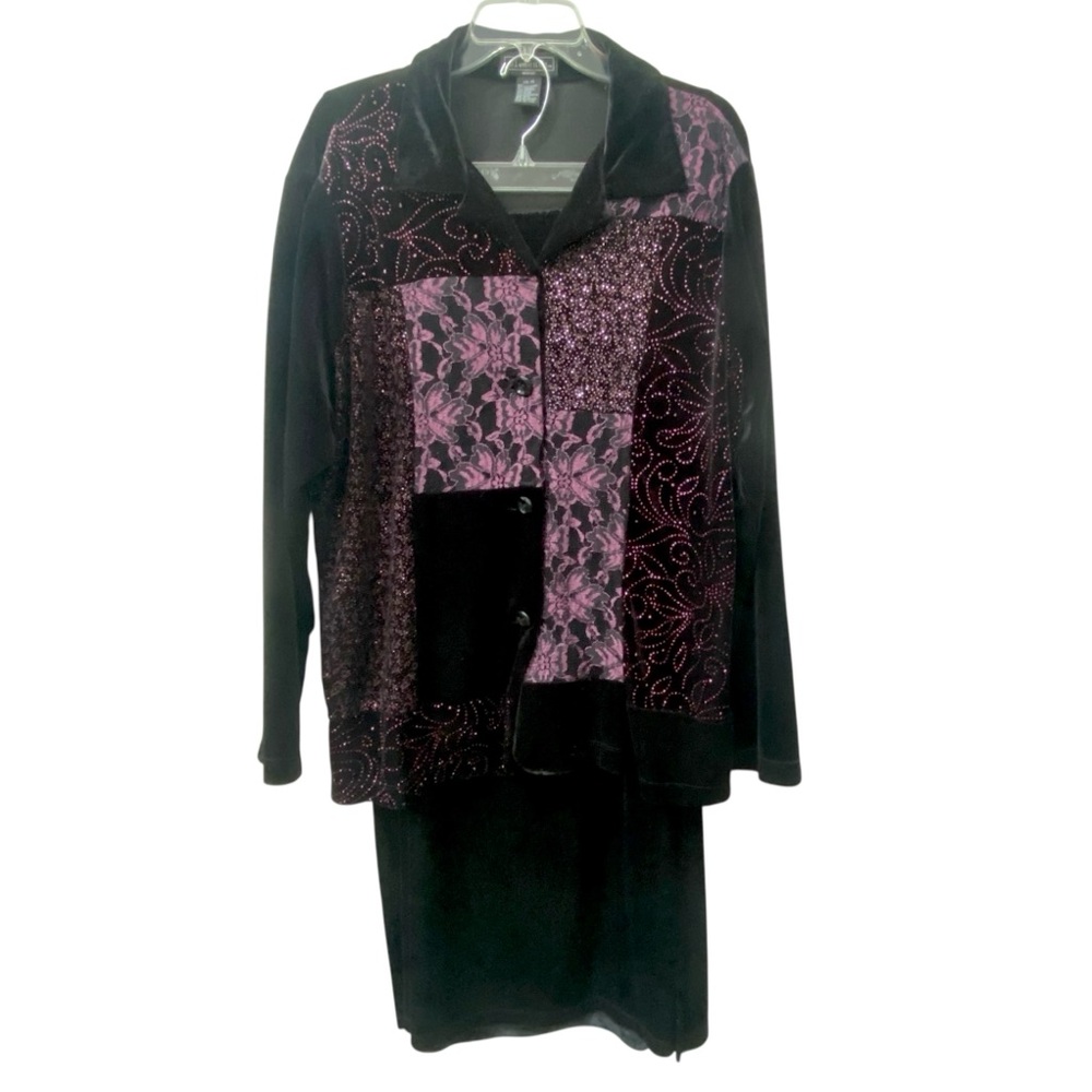 Elegant Black and Purple Velvet Jacket and Skirt Set 1X Top, L Skirt